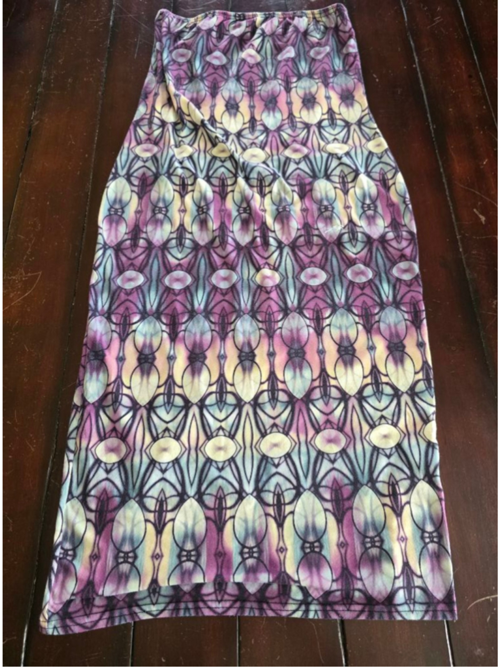 Women's Boohoo Strapless Midi Maxi Skirt/Dress M/L Purple Green Abstract Bodycon